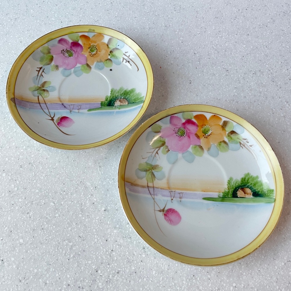 Vintage Takito TT Hand Painted Japan Saucers Floral Landscape Set of 2 5.5"
